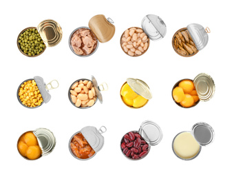 Set of different canned food on white background, top view