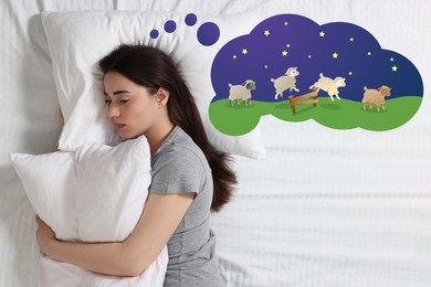 Insomnia. Woman with pillow trying to fall asleep on bed, top view. Thought cloud with illustration of sheep jumping over fence