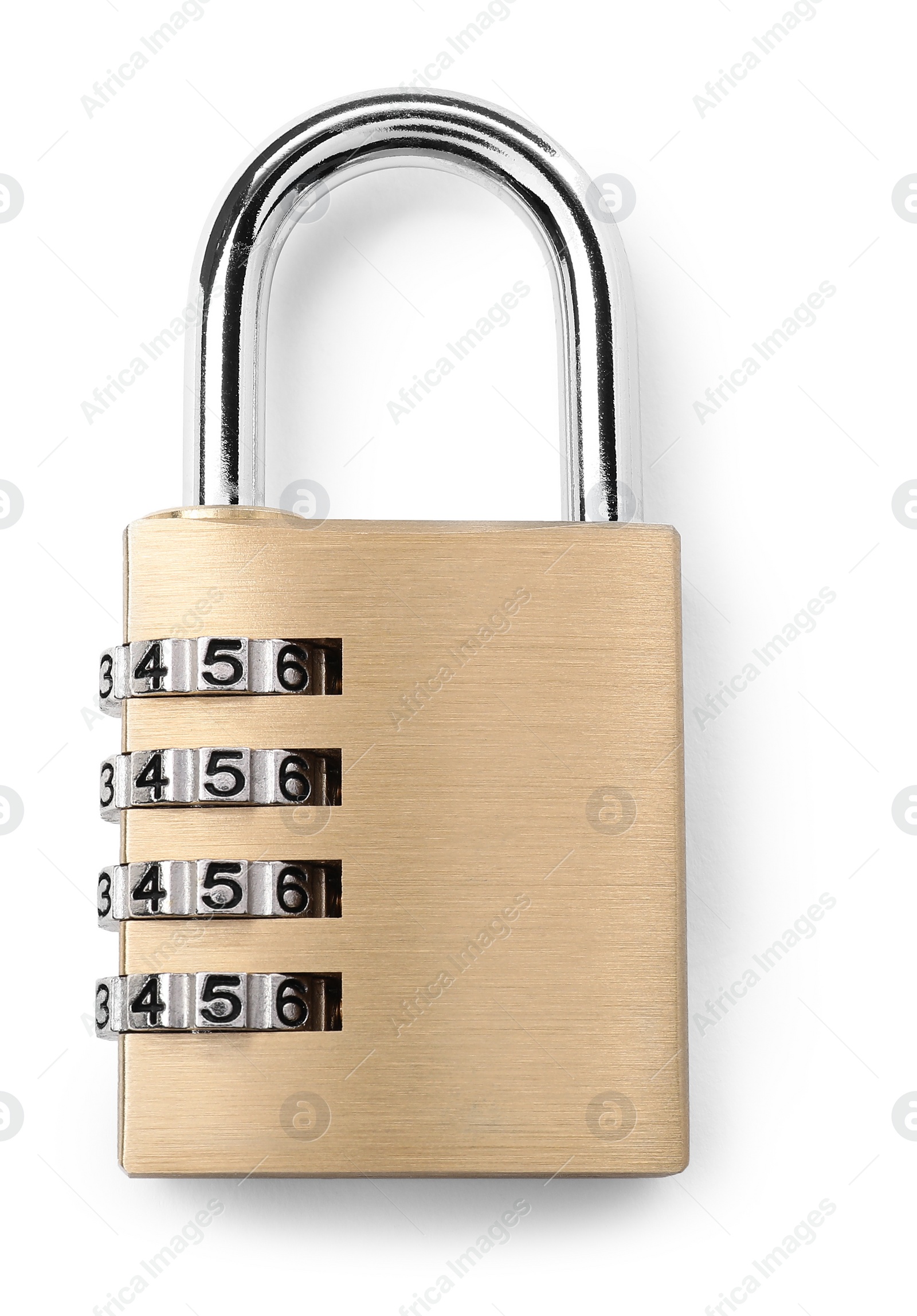 Photo of Steel combination padlock isolated on white, top view