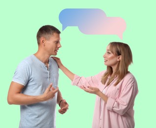 Image of Man and woman talking on aquamarine background. Dialogue illustration with speech bubbles