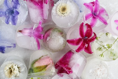 Photo of Ice cubes with flowers on light background, top view