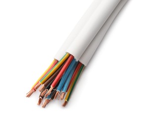 Photo of Cables with stripped wires on white background