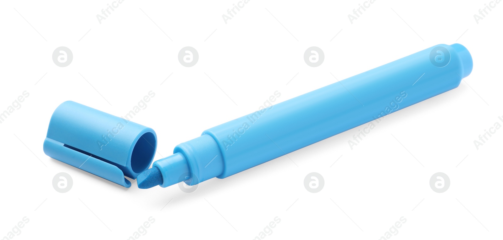 Photo of Bright light blue marker isolated on white. School stationery