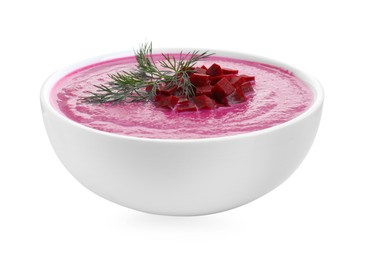 Photo of Delicious beetroot cream soup in bowl isolated on white
