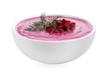 Delicious beetroot cream soup in bowl isolated on white