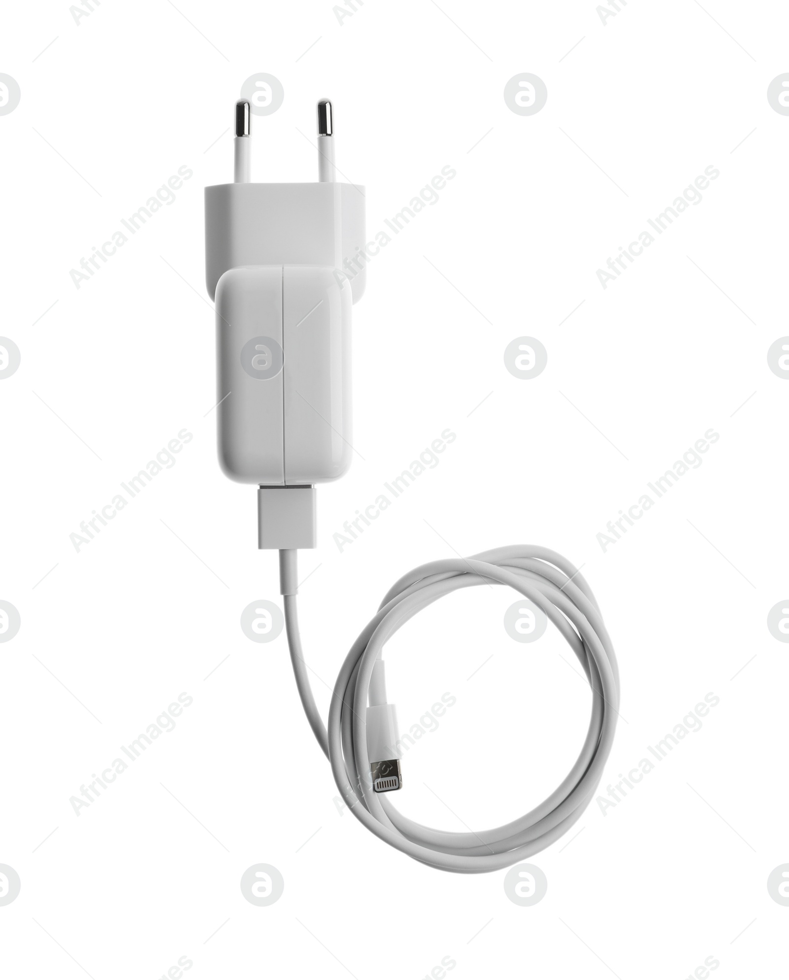 Photo of USB charger isolated on white, top view. Modern technology