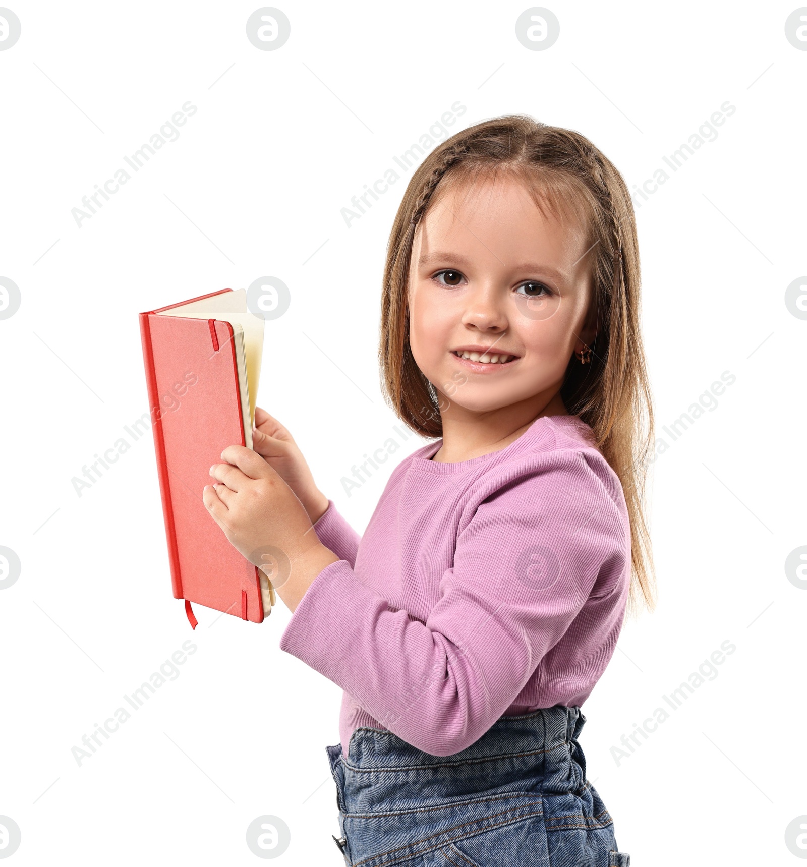 Photo of Cute little girl with book on white background