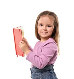 Cute little girl with book on white background