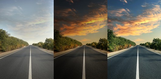 Image of Photos before and after retouch, collage. Beautiful view of empty asphalt highway 