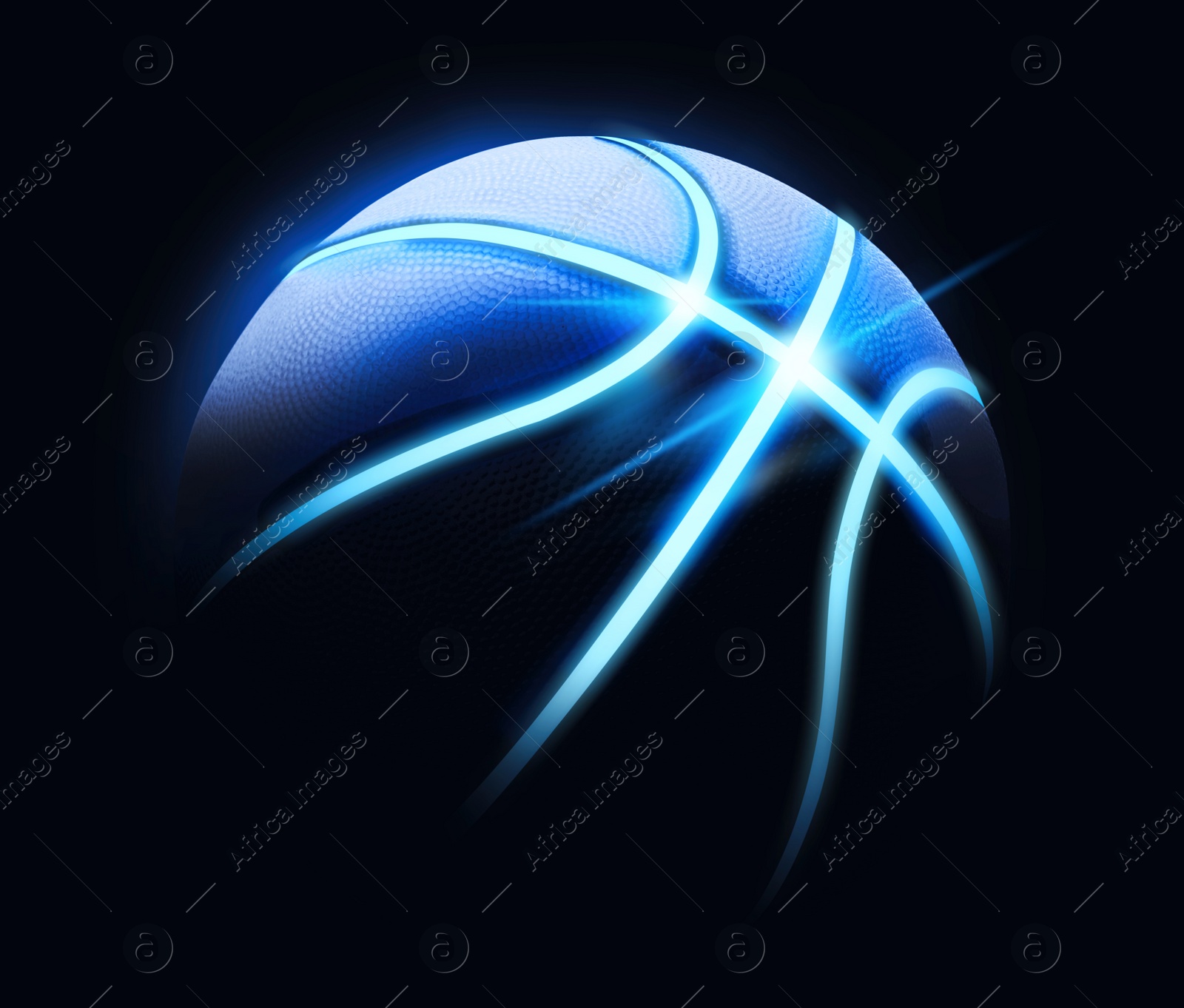 Image of Basketball ball with neon lines on black background. Creative design