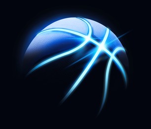 Image of Basketball ball with neon lines on black background. Creative design