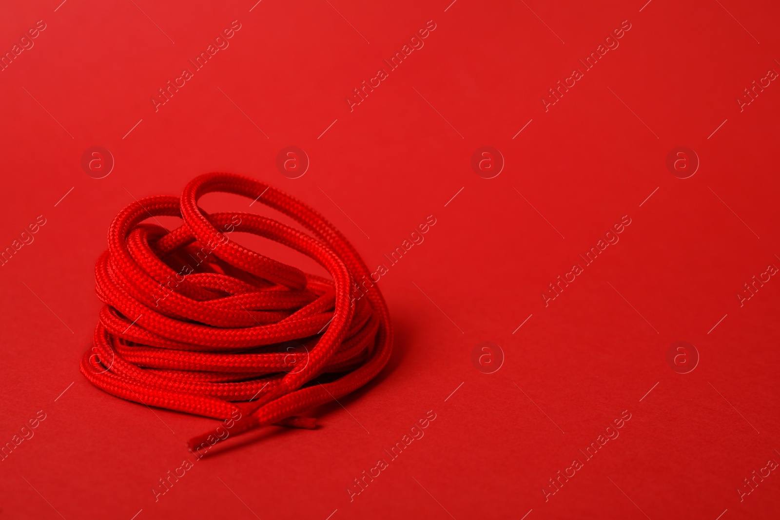 Photo of Bright shoe lace on red background. Space for text