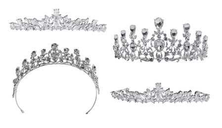 Image of Collage of beautiful silver tiaras with diamonds on white background