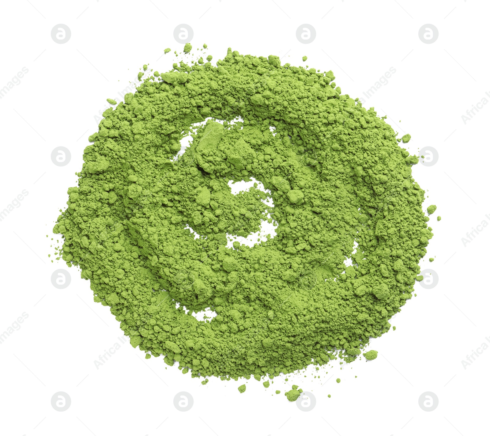 Photo of Pile of green matcha powder isolated on white, top view