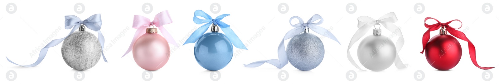 Image of Different festive baubles with bows isolated on white, collection