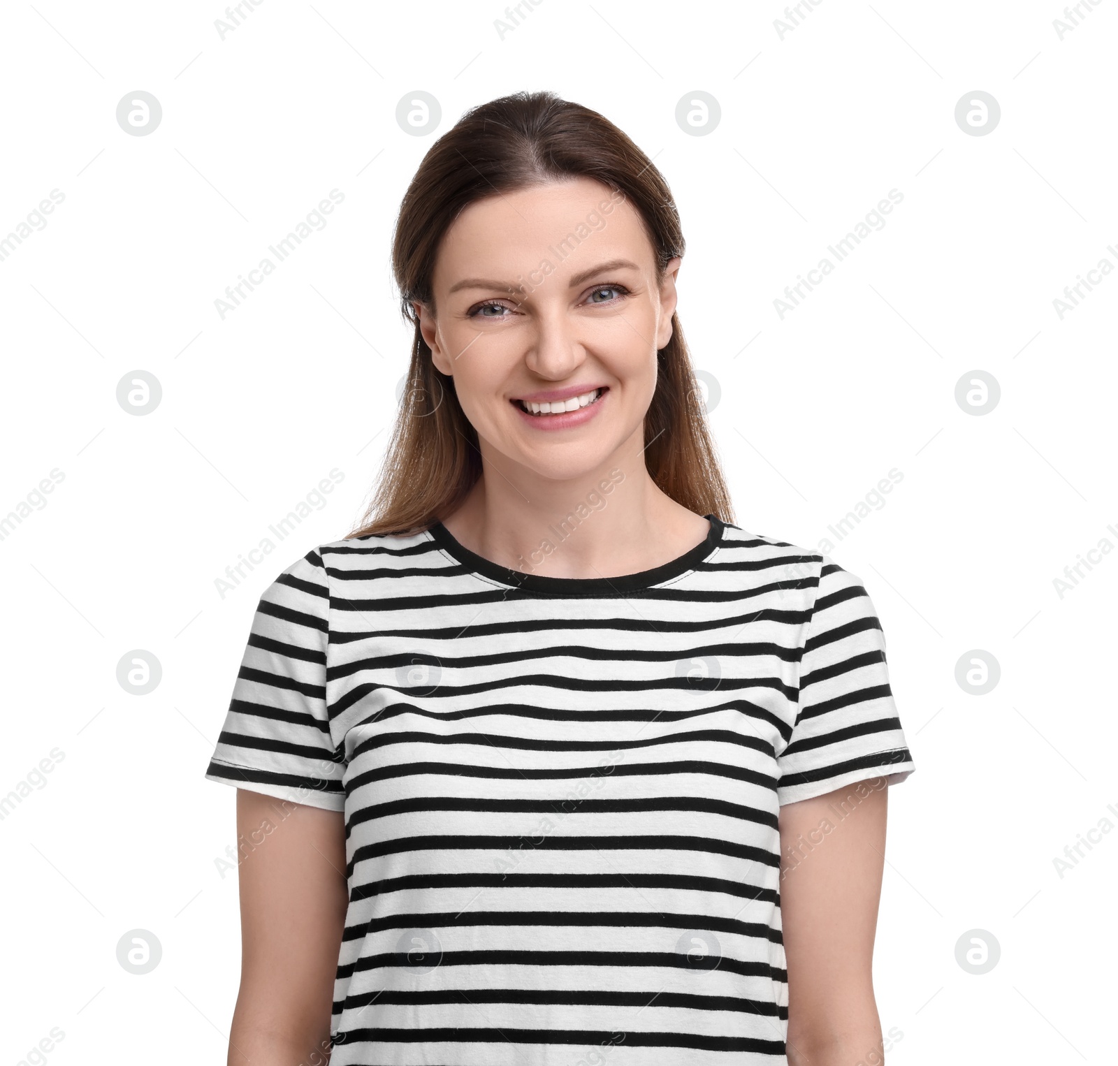 Photo of Portrait of smiling woman on white background