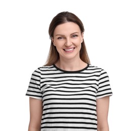 Photo of Portrait of smiling woman on white background