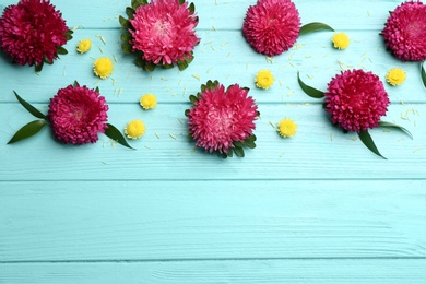 Photo of Beautiful asters and space for text on light blue wooden background, flat lay. Autumn flowers