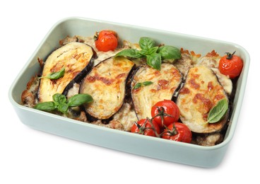 Photo of Delicious eggplant lasagna in baking dish isolated on white