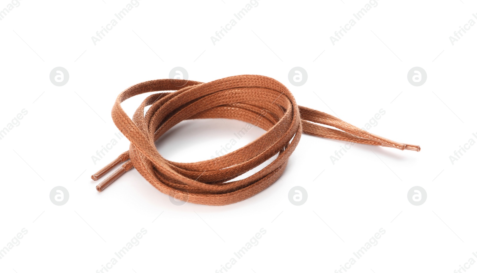 Photo of Brown shoe laces isolated on white. Stylish accessory