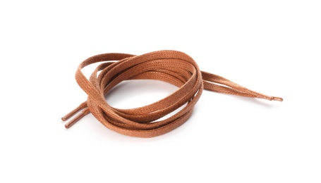 Photo of Brown shoe laces isolated on white. Stylish accessory