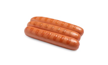 Photo of Tasty grilled sausages on white background. Ingredients for hot dogs
