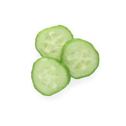 Photo of Slices of fresh green cucumber isolated on white, top view