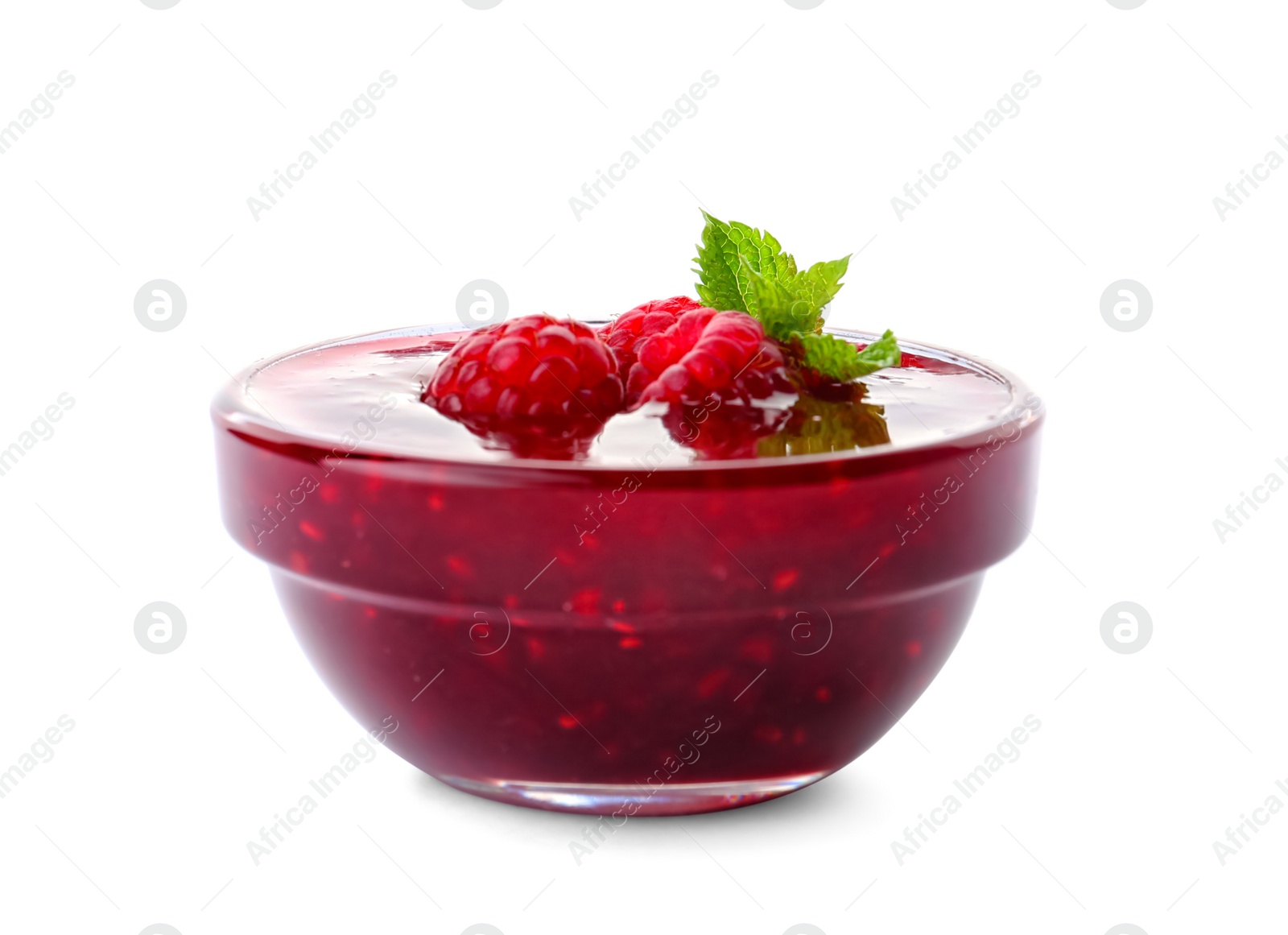 Photo of Bowl with delicious raspberry jam on white background