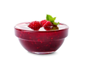 Photo of Bowl with delicious raspberry jam on white background