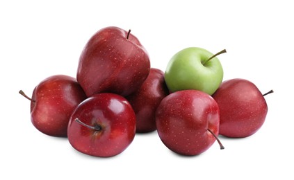 Fresh ripe green and red apples on white background