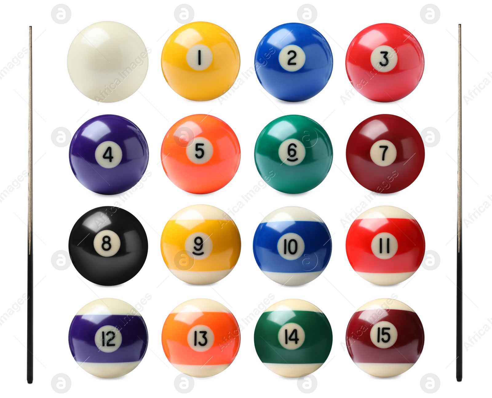 Image of Set with billiard balls and wooden cues on white background