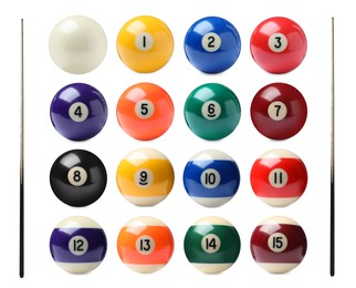 Image of Set with billiard balls and wooden cues on white background
