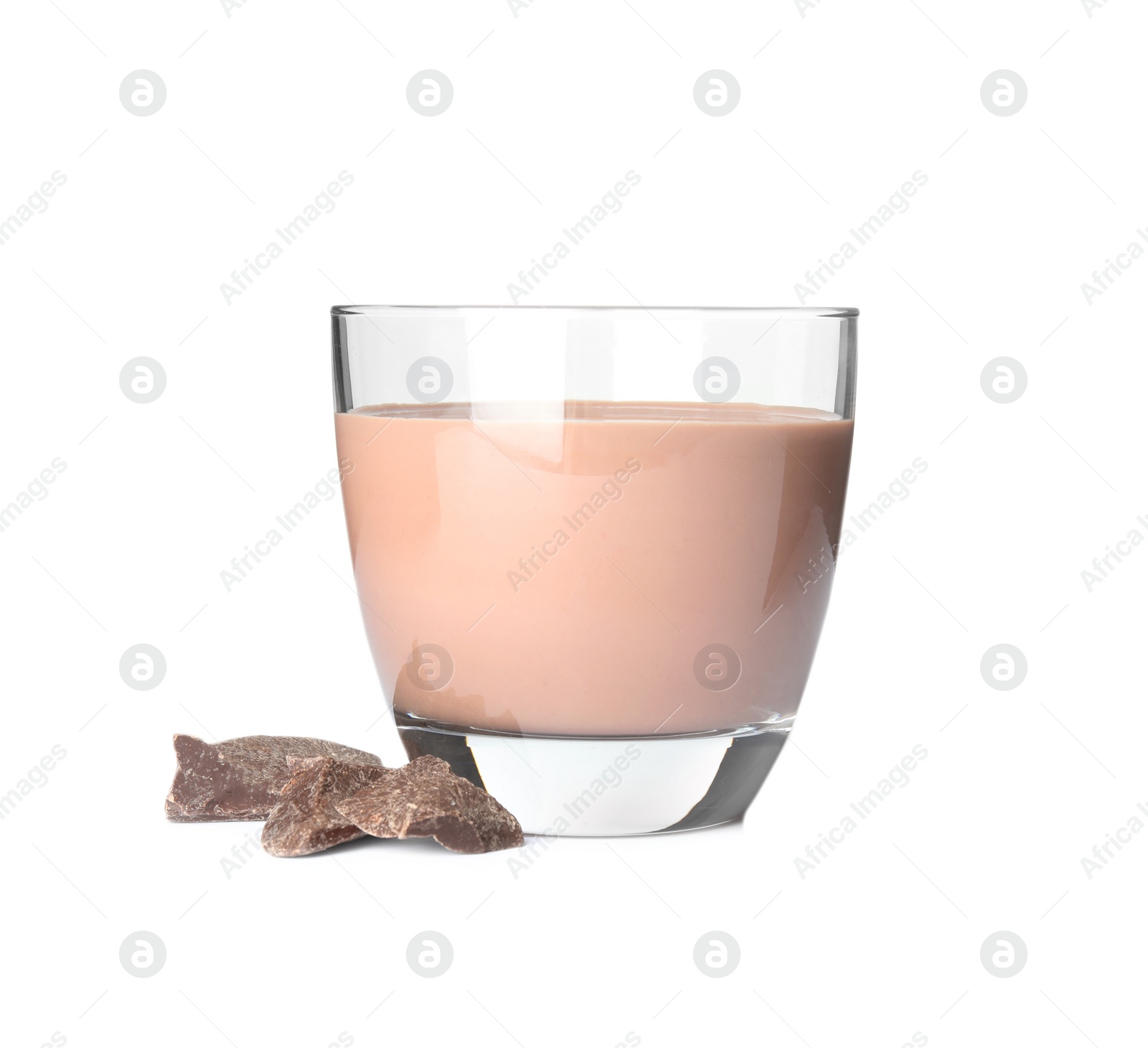 Photo of Glass with tasty chocolate milk on white background. Dairy drink