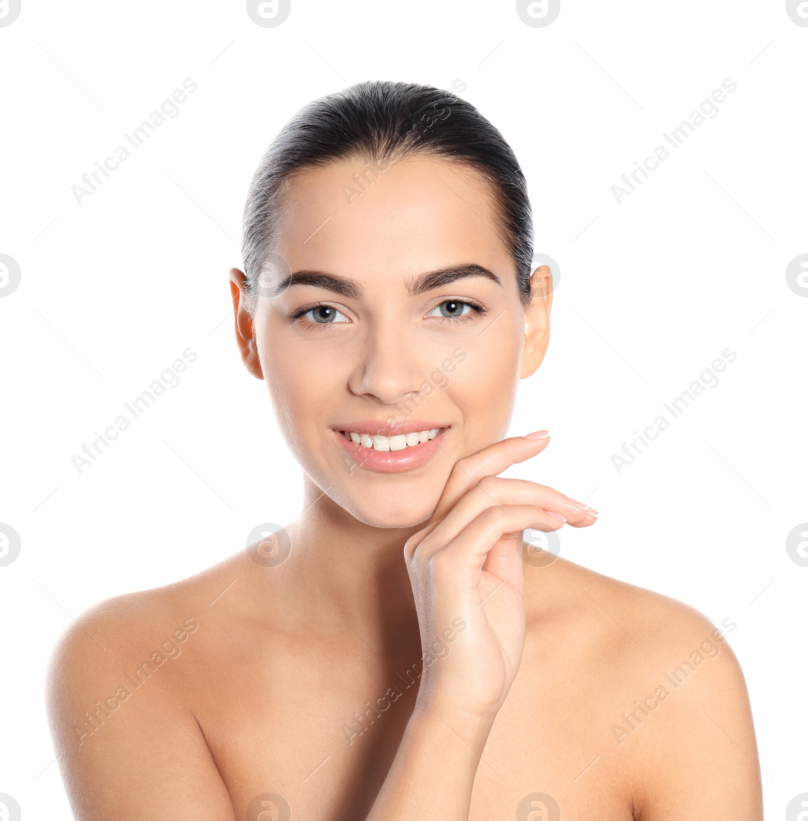 Photo of Portrait of beautiful young woman on white background. Lips contouring, skin care and cosmetic surgery concept