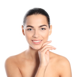 Photo of Portrait of beautiful young woman on white background. Lips contouring, skin care and cosmetic surgery concept