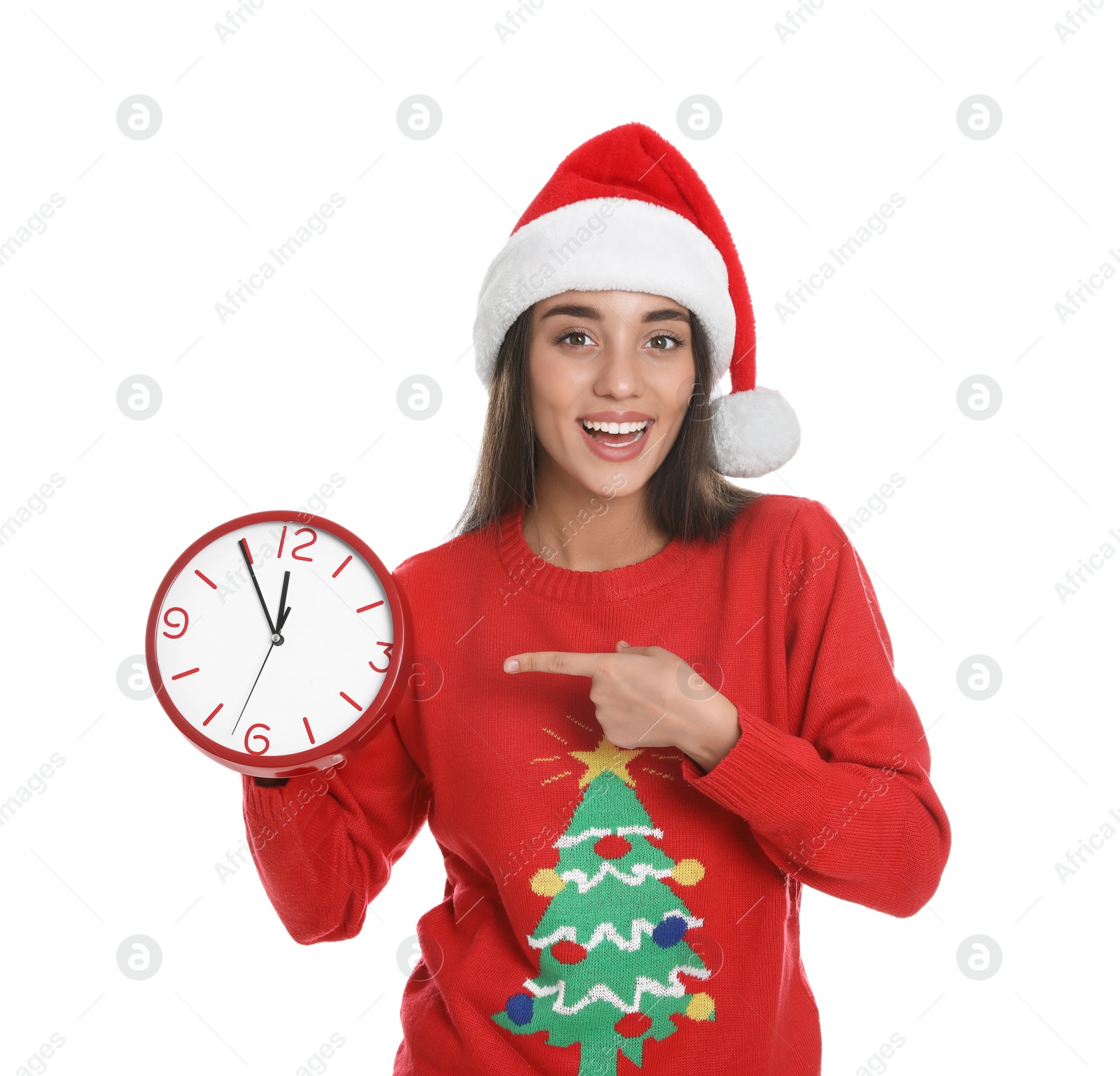 Photo of Woman in Santa hat with clock on white background. New Year countdown