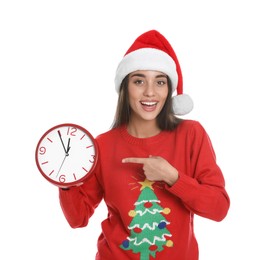 Woman in Santa hat with clock on white background. New Year countdown