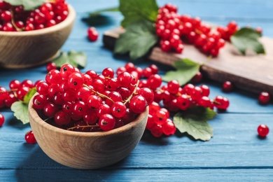Delicious red currants on blue wooden table