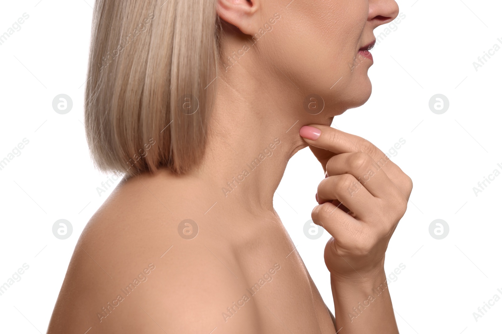 Photo of Woman touching her neck on white background, closeup