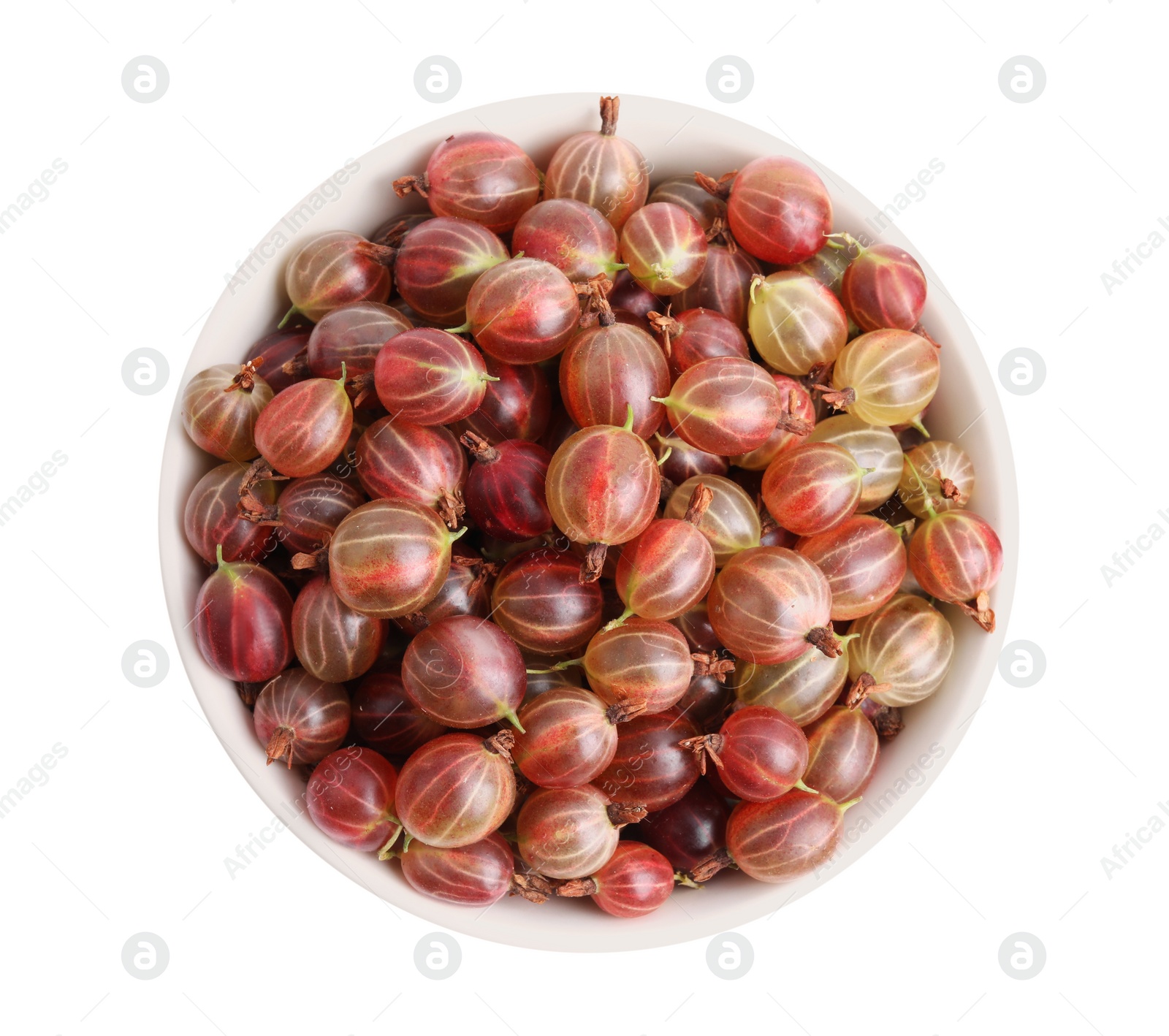 Photo of Bowl full of ripe gooseberries isolated on white, top view