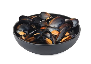 Photo of Bowl of delicious cooked mussels isolated on white
