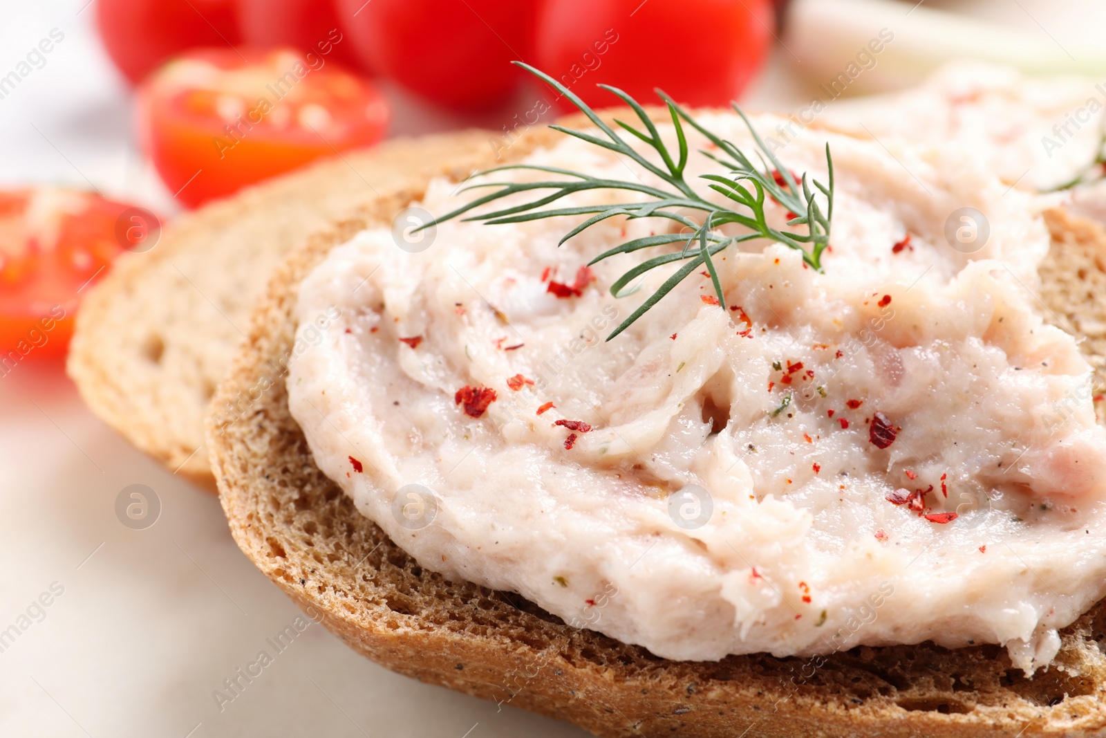 Photo of Sandwich with delicious lard spread on board, closeup