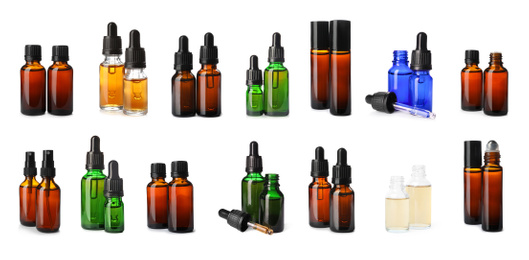 Image of Set with bottles of different essential oils on white background. Banner design