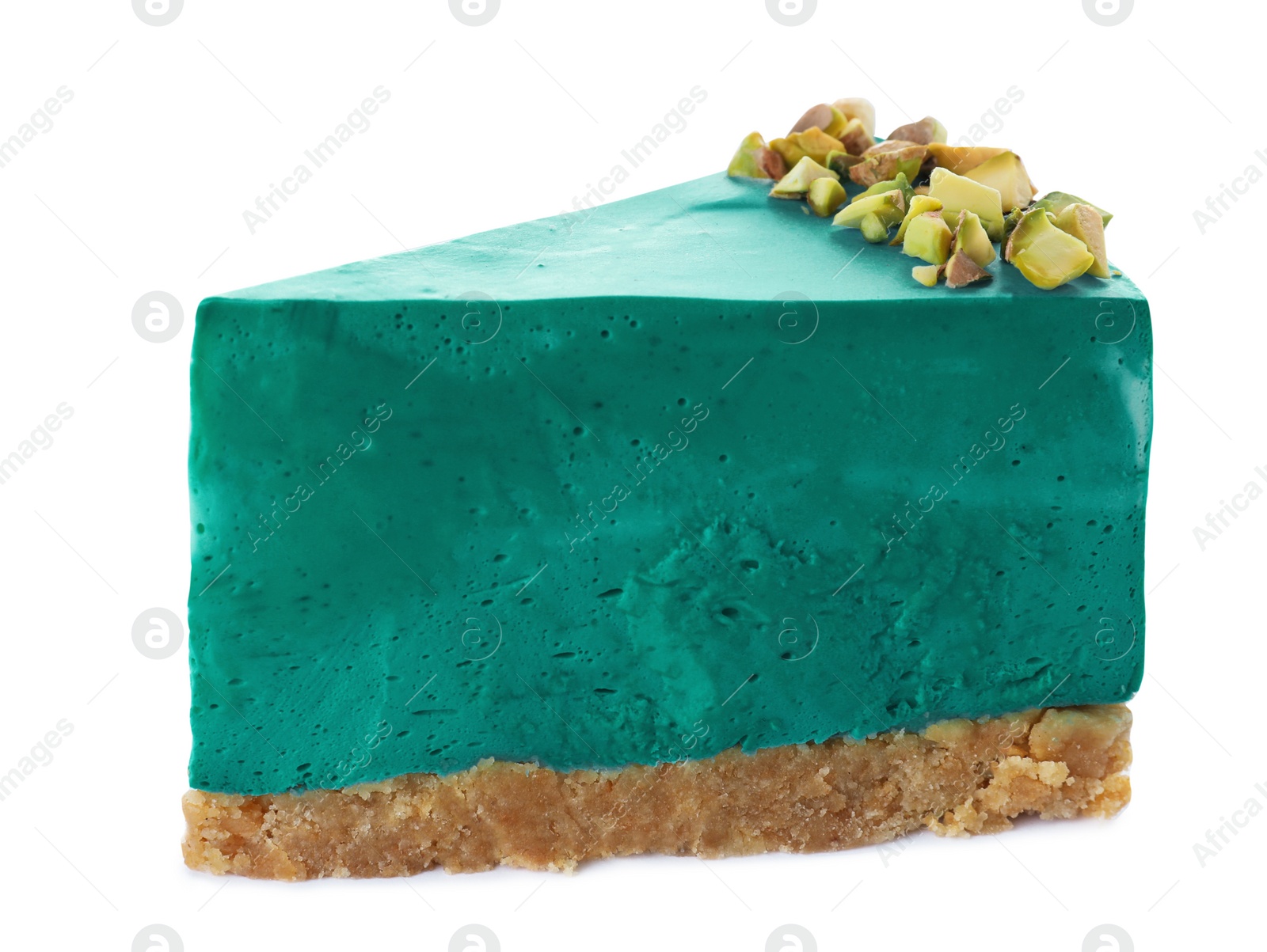 Photo of Piece of delicious spirulina cheesecake with pistachios isolated on white