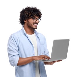 Smiling man with laptop on white background