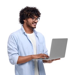 Photo of Smiling man with laptop on white background