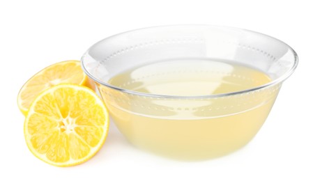 Photo of Freshly squeezed lemon juice on white background