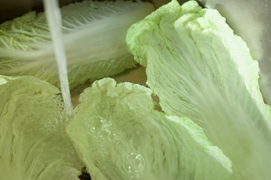 Photo of Pouring tap water on Chinese cabbage leaves in sink, closeup