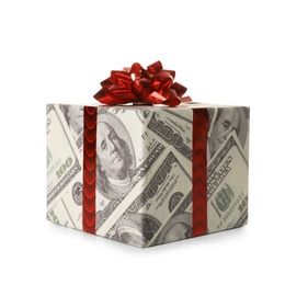 Gift box wrapped in decorative paper with dollar pattern on white background