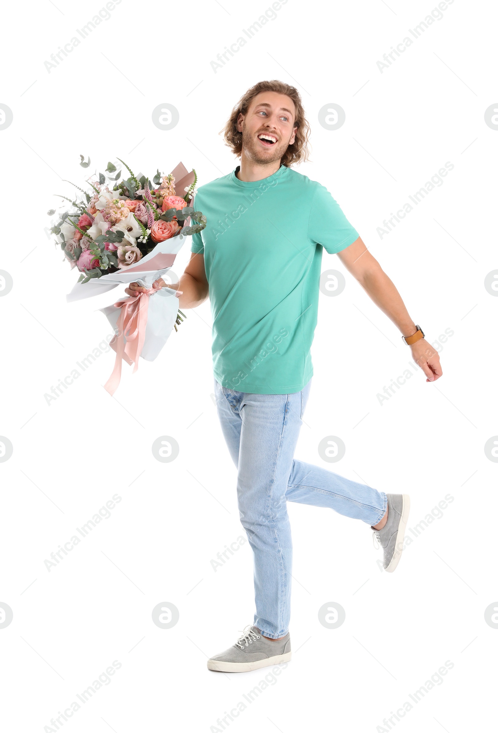 Photo of Young handsome man with beautiful flower bouquet on white background